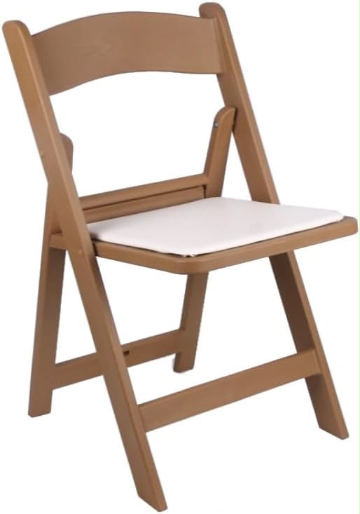 Silla plegable Tiffany de resina color madera con cojín blanco, disponible en alquiler de Magasin Victoria