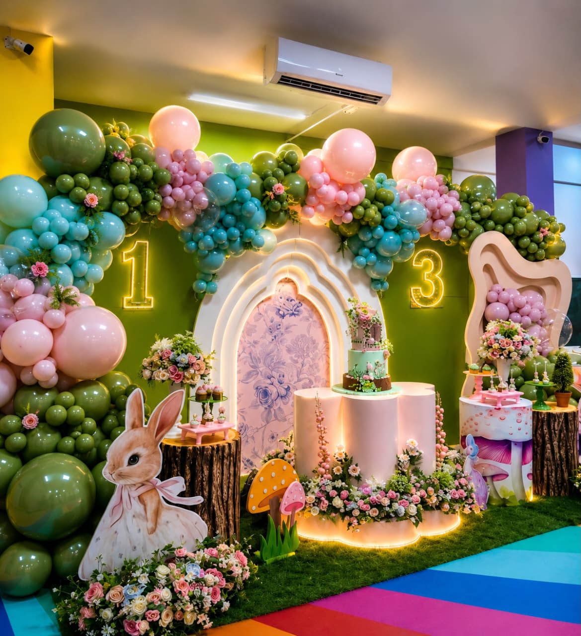Montaje de jardín encantado con globos verde, rosa y turquesa, conejito, hongos, flores y torta sobre pedestal