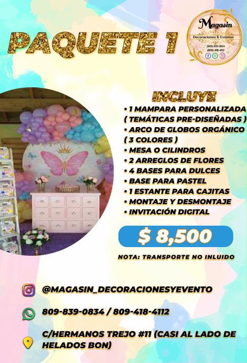 Paquete 1 de decoración de cumpleaños de Magasin Victoria con mampara personalizada y arco de globos orgánico, RD$8,500