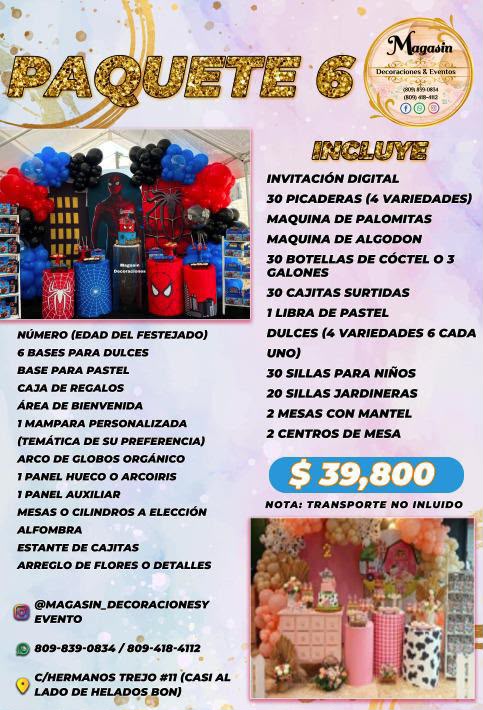 Paquete 6 de cumpleaños con máquina de palomitas y algodón, decoración temática, 30 picaderas y sillas, RD$39,800 en Higüey