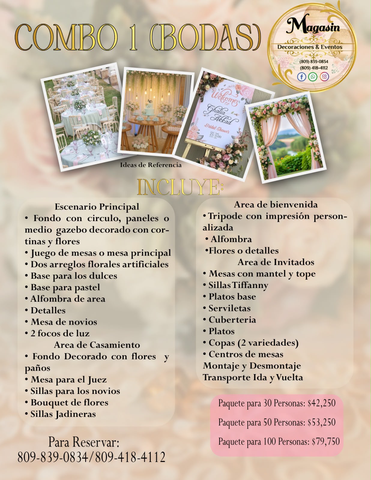 Combo 1 de bodas con escenario principal, área de casamiento, bienvenida e invitados, para 30, 50 o 100 personas